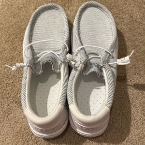 Size 10 Hey Dudes Men’s shoes. White with gray trim.